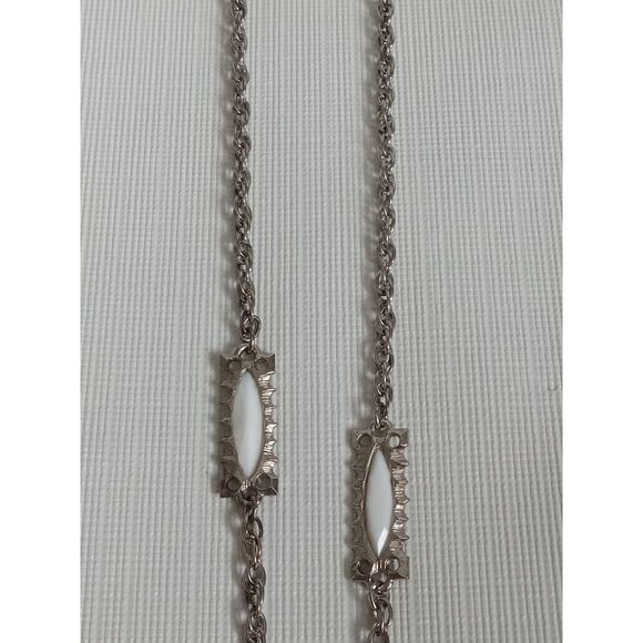 Solid White & Silver Toned Metal Rectangle Accents Long Length Layering Necklace - Picture 4 of 9